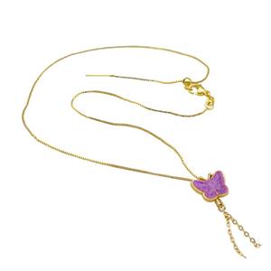 copper Necklace with butterfly purple enamel gold plated, approx 11-14mm, 1mm, 42cm length