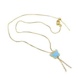 copper Necklace with butterfly aqua enamel gold plated, approx 11-14mm, 1mm, 42cm length