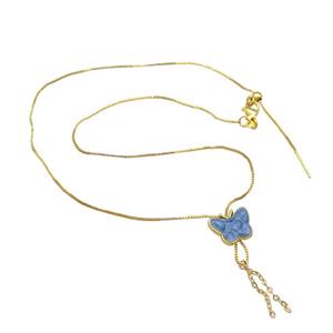 copper Necklace with butterfly blue enamel gold plated, approx 11-14mm, 1mm, 42cm length