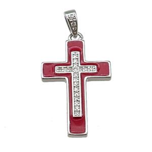 copper Cross pendant pave zircon red enamel platinum plated, approx 17-25mm