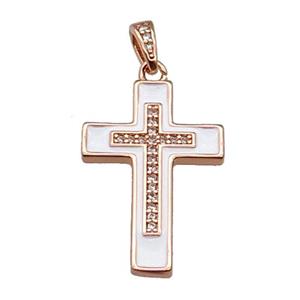 copper Cross pendant pave zircon white enamel rose gold, approx 17-25mm