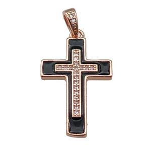 copper Cross pendant pave zircon black enamel rose gold, approx 17-25mm