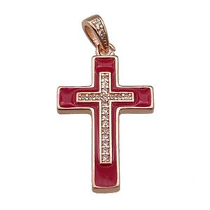 copper Cross pendant pave zircon red enamel rose gold, approx 17-25mm