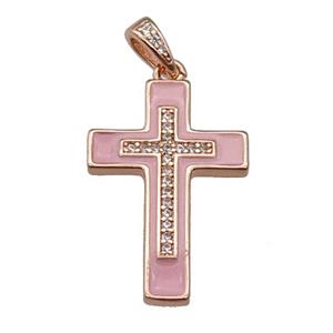 copper Cross pendant pave zircon pink enamel rose gold, approx 17-25mm