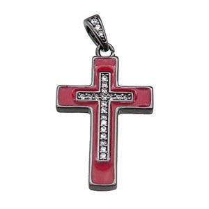 copper Cross pendant pave zircon red enamel black plated, approx 17-25mm