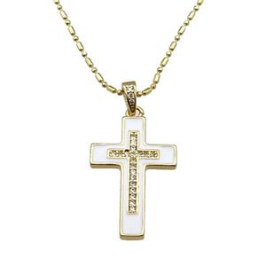 copper Necklace with cross white enamel, gold plated, approx 17-25mm, 1.2mm, 44-50cm length