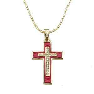 copper Necklace with cross red enamel, gold plated, approx 17-25mm, 1.2mm, 44-50cm length