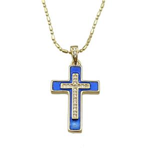 copper Necklace with cross blue enamel, gold plated, approx 17-25mm, 1.2mm, 44-50cm length