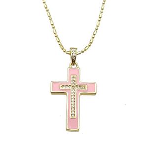 copper Necklace with cross pink enamel, gold plated, approx 17-25mm, 1.2mm, 44-50cm length