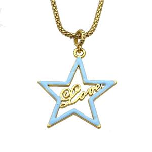 copper Necklace with star Love blue enamel gold plated, approx 34mm, 2.5mm, 45cm length