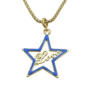 copper Necklace with star Love blue enamel gold plated, approx 34mm, 2.5mm, 45cm length