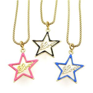 mix copper Necklace with star Love enamel gold plated, approx 34mm, 2.5mm, 45cm length
