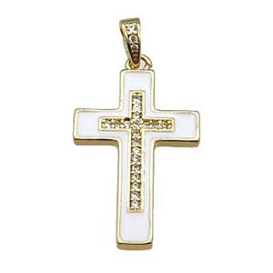 copper Cross pendant pave zircon white enamel gold plated, approx 17-25mm