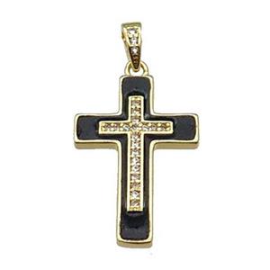 copper Cross pendant pave zircon black enamel gold plated, approx 17-25mm