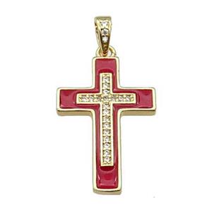 copper Cross pendant pave zircon red enamel gold plated, approx 17-25mm
