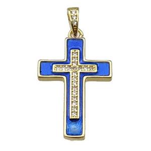 copper Cross pendant pave zircon blue enamel gold plated, approx 17-25mm