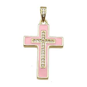 copper Cross pendant pave zircon pink enamel gold plated, approx 17-25mm