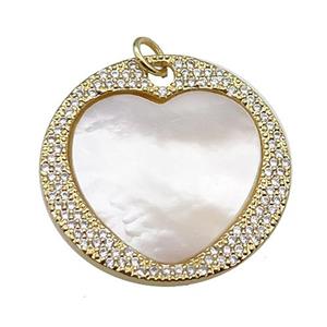 copper circle pendant pave zircon white heart shell gold plated, approx 27mm dia