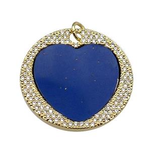 copper circle pendant pave zircon blue heart lapis gold plated, approx 27mm dia