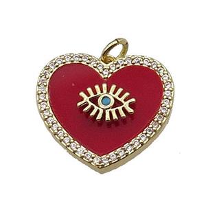 copper Heart pendant pave zircon red stone eye gold plated, approx 20mm