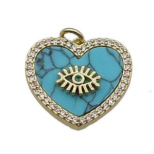 copper Heart pendant pave zircon blue turquoise eye gold plated, approx 20mm