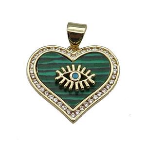 copper Heart pendant pave zircon green malachite eye gold plated, approx 20mm