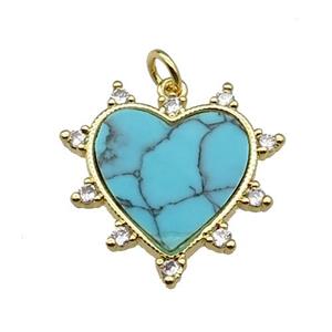 copper Heart pendant pave zircon blue turquoise gold plated, approx 23mm