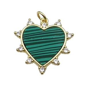 copper Heart pendant pave zircon green malachite gold plated, approx 23mm