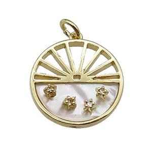 copper circle pendant pave zircon white shell sun gold plated, approx 18mm dia