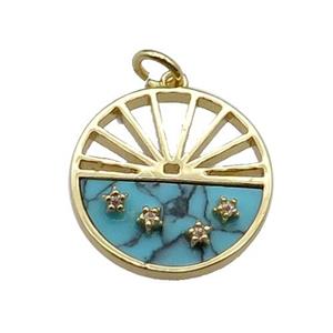 copper circle pendant pave zircon blue turquoise sun gold plated, approx 18mm dia