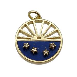copper circle pendant pave zircon blue lapis sun gold plated, approx 18mm dia