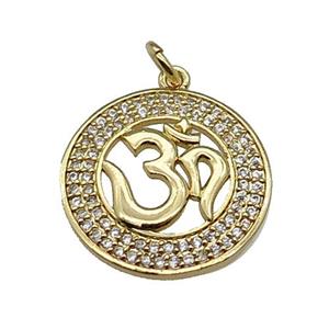 copper circle pendant pave zircon Hindu OM Yoga charm gold plated, approx 20mm dia