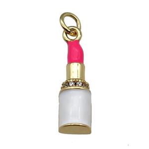 copper Lipstick charm pendant pave zircon hotpink enamel gold plated, approx 6-18mm