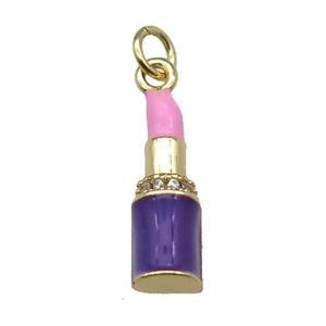 copper Lipstick charm pendant pave zircon pink enamel gold plated, approx 6-18mm