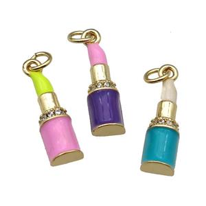 mix copper Lipstick charm pendant pave zircon enamel gold plated, approx 6-18mm