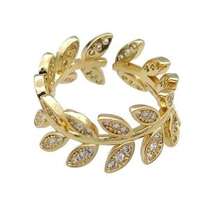 copper Ring pave zircon leaf gold plated, approx 8mm, 18mm dia