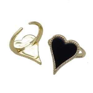 copper Ring pave heart black stone gold plated, approx 16-23mm, 18mm dia