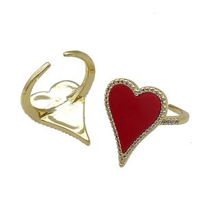 copper Ring pave heart red stone gold plated, approx 16-23mm, 18mm dia