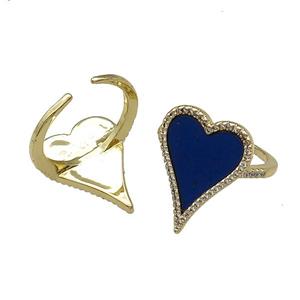 copper Ring pave heart lapis gold plated, approx 16-23mm, 18mm dia