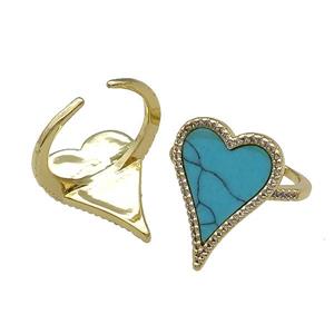 copper Ring pave heart turquoise gold plated, approx 16-23mm, 18mm dia