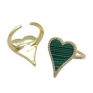 copper Ring pave heart malachite gold plated, approx 16-23mm, 18mm dia