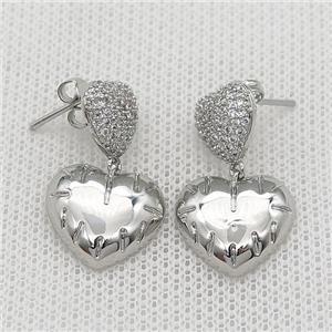 copper Stud Earring pave zircon heart platinum plated, approx 10mm, 15mm