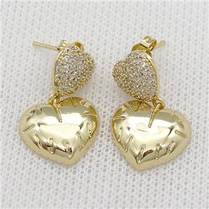 copper Stud Earring pave zircon heart gold plated, approx 10mm, 15mm