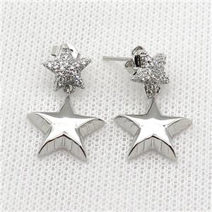 copper Stud Earring pave zircon star platinum plated, approx 10mm, 15mm