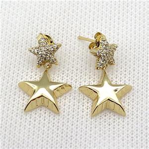 copper Stud Earring pave zircon star gold plated, approx 10mm, 15mm