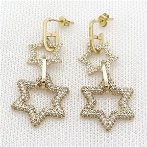 copper Stud Earring pave zircon star gold plated, approx 16mm, 24mm, 6-14mm