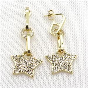 copper Stud Earring pave zircon star gold plated, approx 8mm, 18mm, 6-14mm