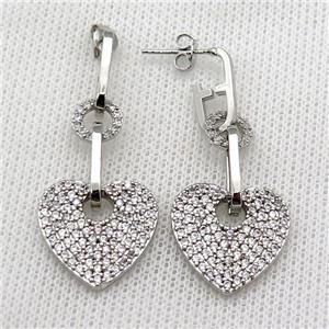 copper Stud Earring pave zircon heart platinum plated, approx 8mm, 18mm, 6-14mm