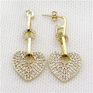 copper Stud Earring pave zircon heart gold plated, approx 8mm, 18mm, 6-14mm