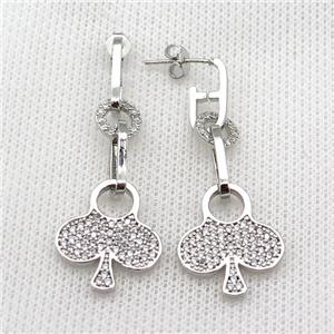 copper Stud Earring pave zircon clover platinum plated, approx 8mm, 17mm, 6-14mm